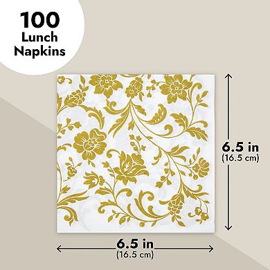100 Pack White And Gold Floral Paper Napkins, Wedding Party Supplies, 6.5 In