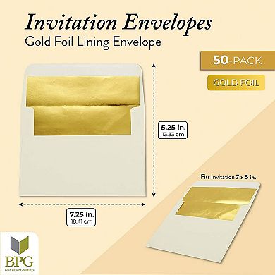 50-pack Ivory A7 Gold Foil Lined Greeting Banquets Luxury Invitation Envelopes