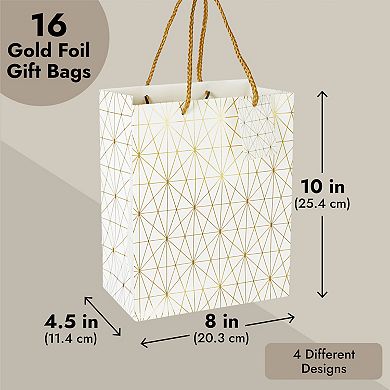 16-pack Medium White And Gold Gift Bags With Handles, 4 Designs, 8 X 10 X 4.5"