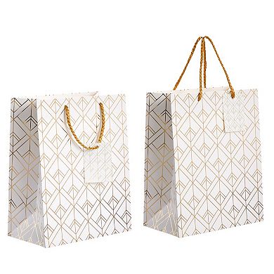 16-pack Medium White And Gold Gift Bags With Handles, 4 Designs, 8 X 10 X 4.5"