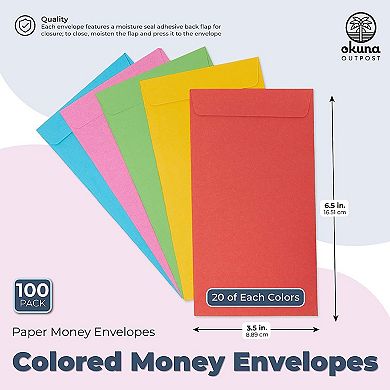 100 Pack Colorful Money Envelopes For Cash, Payroll, Money Saving (3.5x6.5 Inch)