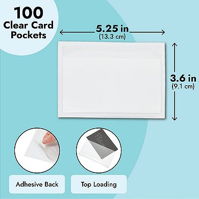 100 Pack Plastic Label Holders For 3x5 Index Cards, Clear Self-adhesive Pockets