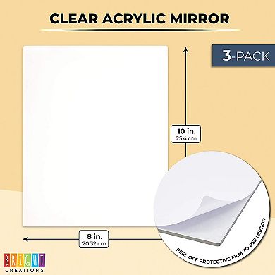 3x Adhesive Acrylic Mirror Sheets For Home Wall Décor 1/8" (3mm) Thick, 10 X 8"