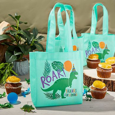 24-pack Reusable Small Teal Dinosaur Gift Bag With Handles, 6.5x7x1.8 In