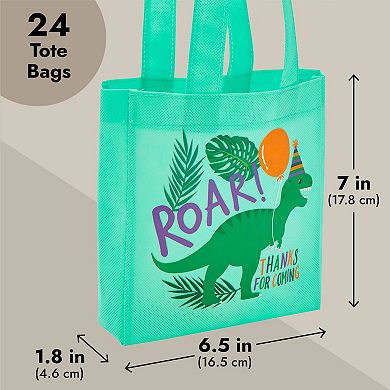 24-pack Reusable Small Teal Dinosaur Gift Bag With Handles, 6.5x7x1.8 In