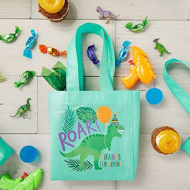 24-pack Reusable Small Teal Dinosaur Gift Bag With Handles, 6.5x7x1.8 In