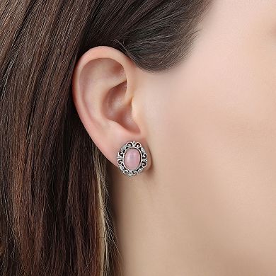 1928 Silver Tone Pink Oval Simulated Stone Filigree Stud Earrings