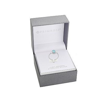 PRIMROSE Sterling Silver Aqua & White Cubic Zirconia Halo Ring