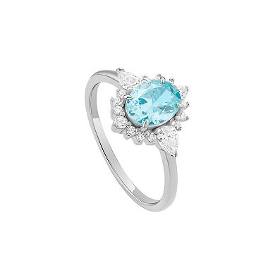 PRIMROSE Sterling Silver Aqua & White Cubic Zirconia Halo Ring