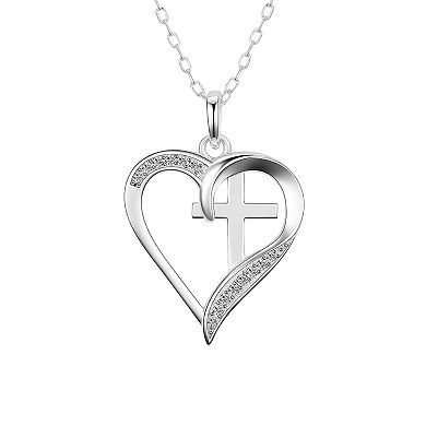 Timeless Sterling Silver Cubic Zirconia Heart Cross "Faith, Hope, Love" Pendant Necklace