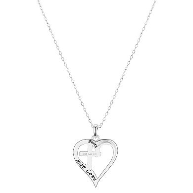 Timeless Sterling Silver Cubic Zirconia Heart Cross "Faith, Hope, Love" Pendant Necklace