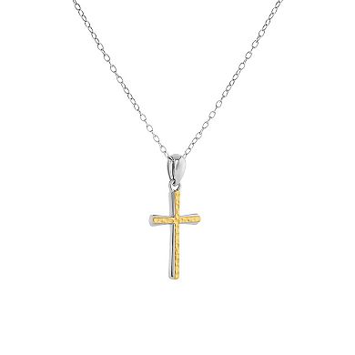 PRIMROSE Two Tone Sterling Silver 18k Gold Plated Hammered Cross Pendant Necklace