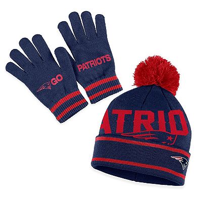 Women's WEAR by Erin Andrews  Navy New England Patriots Double Jacquard Cuffed Knit Hat with Pom and Gloves Set