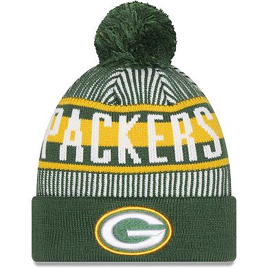Men's New Era Green Green Bay Packers Striped Cuffed Knit Hat with Pom