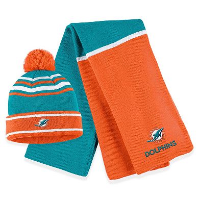 Women's WEAR by Erin Andrews Aqua Miami Dolphins Colorblock Cuffed Knit Hat with Pom and Scarf Set