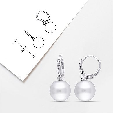 Stella Grace 14k White Gold Cultured South Sea Pearl & 1/8 Carat T.W. Diamond Leverback Earrings