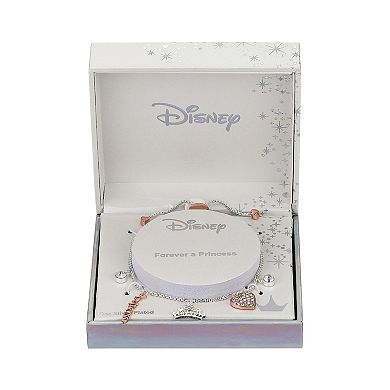 Disney Fine Silver Plated Crystal Princess, Crown & Heart Adjustable Charm Bracelet