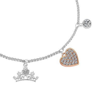 Disney Fine Silver Plated Crystal Princess, Crown & Heart Adjustable Charm Bracelet