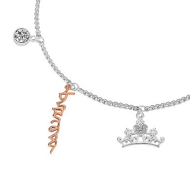 Disney Fine Silver Plated Crystal Princess, Crown & Heart Adjustable Charm Bracelet