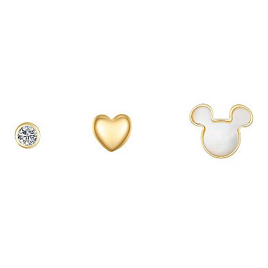 Disney 14k Gold Flash Plated Cubic Zirconia Stud, Heart & Mother-of-Pearl Mickey Mouse Stud Earring Set