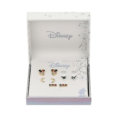 Disney's Enamel Mickey Mouse, Cubic Zirconia Heart, Moon, Black Hematite Head, "Boo" Halloween Stud Earring Set