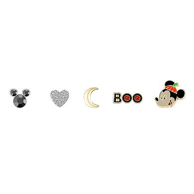 Disney's Enamel Mickey Mouse, Cubic Zirconia Heart, Moon, Black Hematite Head, "Boo" Halloween Stud Earring Set