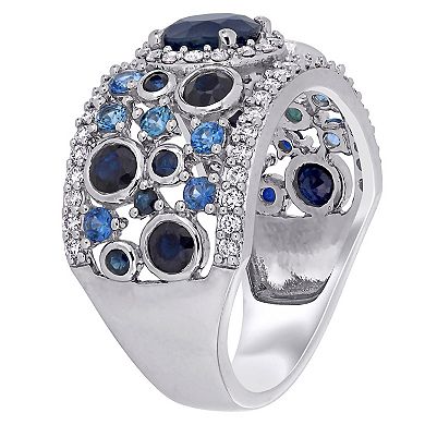 Stella Grace 14k White Gold Blue Sapphire & 1/2 Carat T.W. Diamond Halo Cluster Ring