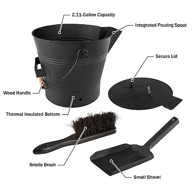 Pure Garden 2.11-gallon Metal Ash Bucket with Lid, Broom & Shovel