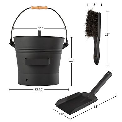 Pure Garden 2.11-gallon Metal Ash Bucket with Lid, Broom & Shovel