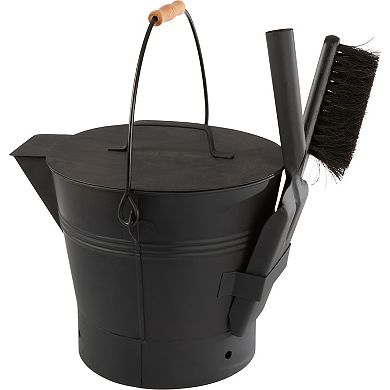 Pure Garden 2.11-gallon Metal Ash Bucket with Lid, Broom & Shovel