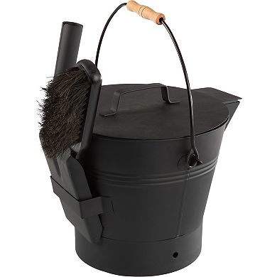 Pure Garden 2.11-gallon Metal Ash Bucket with Lid, Broom & Shovel