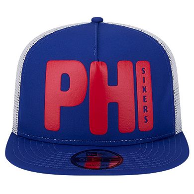 Men's New Era Royal Philadelphia 76ers Puff Print Team Code A-Frame 9FIFTY Trucker Snapback Hat