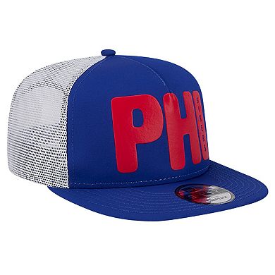 Men's New Era Royal Philadelphia 76ers Puff Print Team Code A-Frame 9FIFTY Trucker Snapback Hat