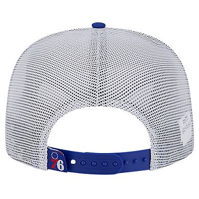 Men's New Era Royal Philadelphia 76ers Puff Print Team Code A-Frame 9FIFTY Trucker Snapback Hat