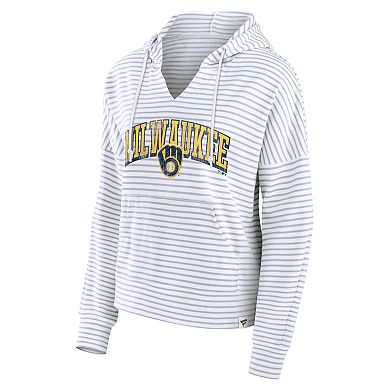 Women's Fanatics White Milwaukee Brewers Striped Fundamentals Notch Neck Pullover Hoodie