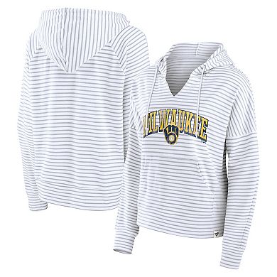 Women's Fanatics White Milwaukee Brewers Striped Fundamentals Notch Neck Pullover Hoodie