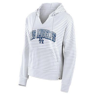 Women's Fanatics White Los Angeles Dodgers Striped Fundamentals Notch Neck Pullover Hoodie