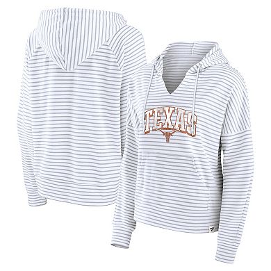 Women's Fanatics White/Gray Texas Longhorns Arch Logo Striped Notch Neck Pullover Hoodie