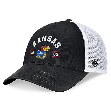 Men's Top of the World Black/White Kansas Jayhawks Free Kick Trucker Adjustable Hat