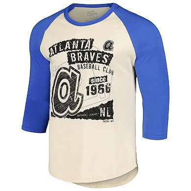 Men's Majestic Threads Cream/Royal Atlanta Braves Raglan 3/4-Sleeve T-Shirt