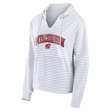 Women's Fanatics White/Gray Wisconsin Badgers Arch Logo Striped Notch Neck Pullover Hoodie