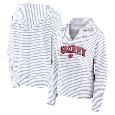 Women's Fanatics White/Gray Wisconsin Badgers Arch Logo Striped Notch Neck Pullover Hoodie