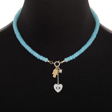 Emberly Gold Tone Polished Hamsa, Evil Eye Heart & Starburst Charms Necklace