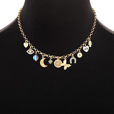 Emberly Gold Tone Polished Heart, Butterfly, Horseshoe & Evil Eye Charms Necklace