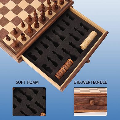 15" Large Wooden 2-in-1 Chess and Checkers Board Game Combo Set with Drawer for Kids and Adults