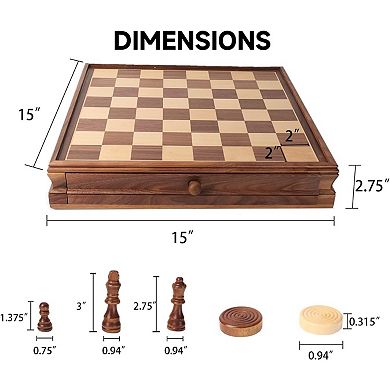 15" Large Wooden 2-in-1 Chess and Checkers Board Game Combo Set with Drawer for Kids and Adults