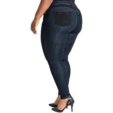 Plus Size Curvy Fit Black Knee Patch Indigo Moto Jeans