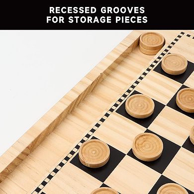 2-in-1 Natural Wood Checkers & Tic-Tac-Toe Board Game Combo Set with Game Pieces