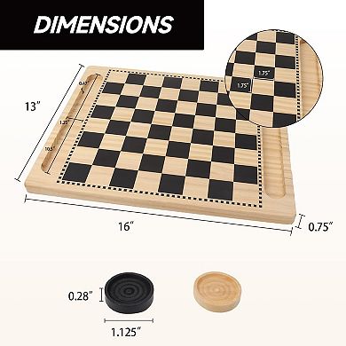 2-in-1 Natural Wood Checkers & Tic-Tac-Toe Board Game Combo Set with Game Pieces