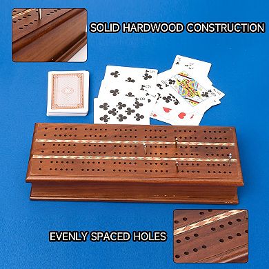 2-Track Wooden Cribbage Board Game with 6 Metal Pegs and Deck Playing Card